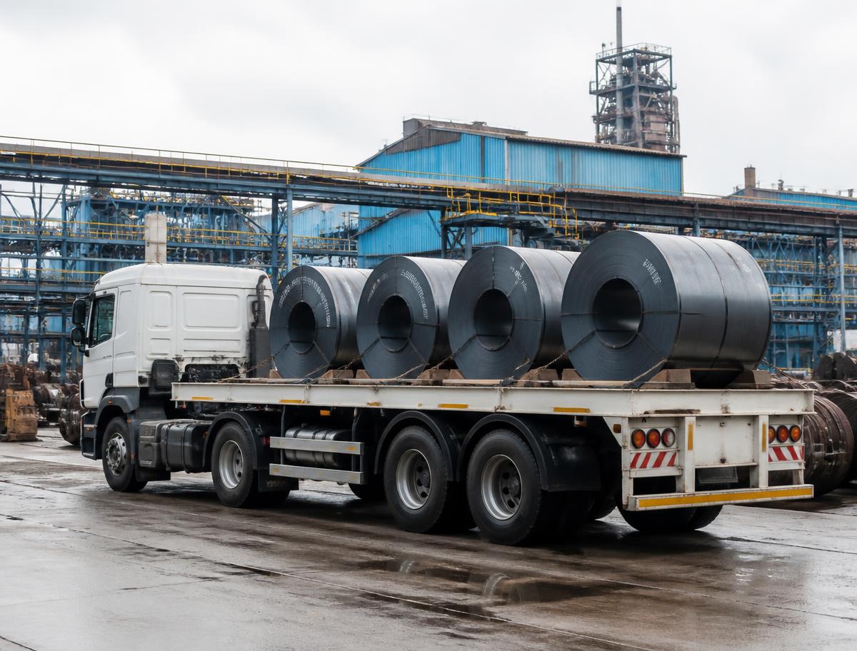 Flatbed truck loaded with steel coils at an industrial plant